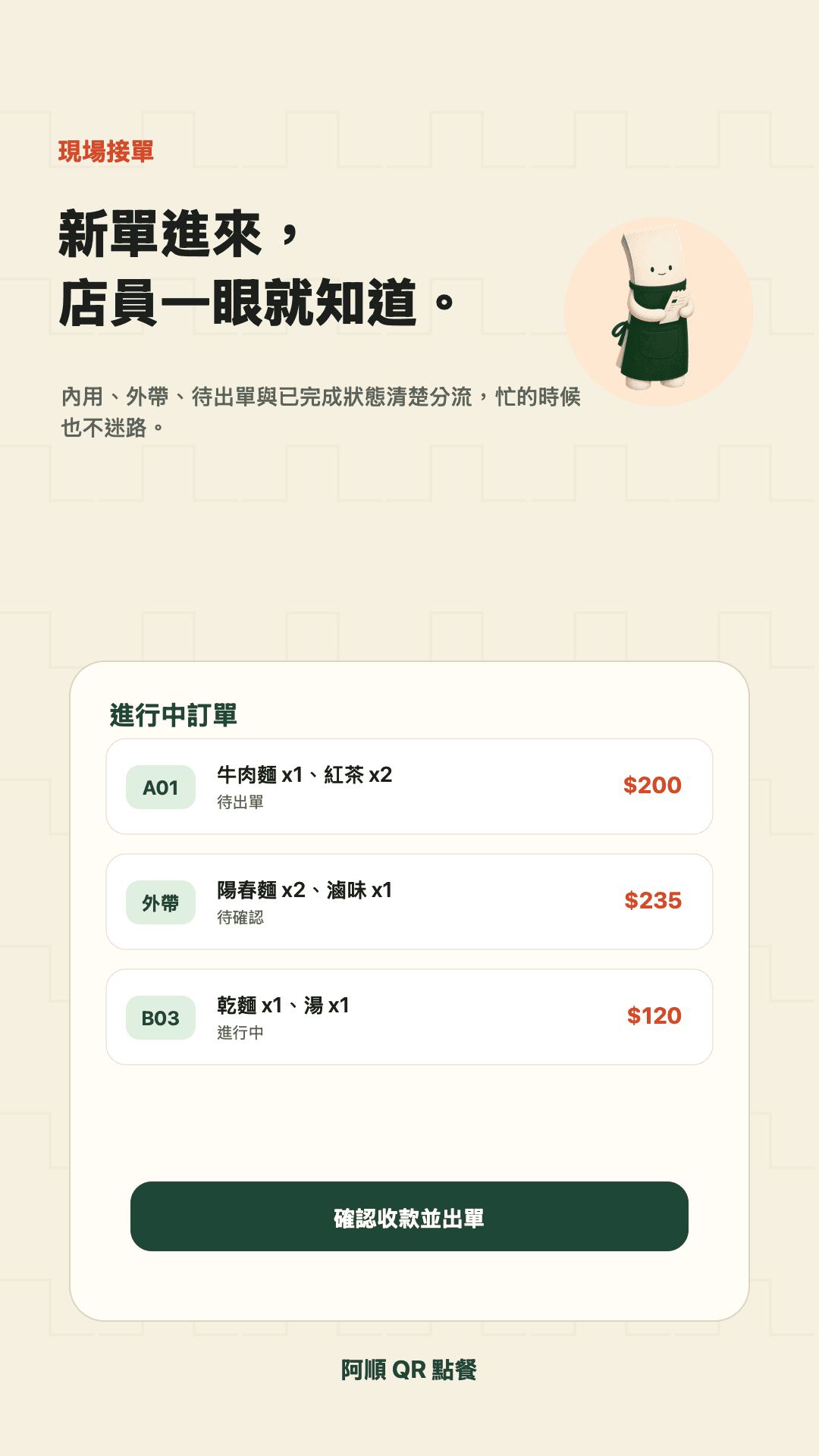 阿順QR點餐 App 畫面：現場接單