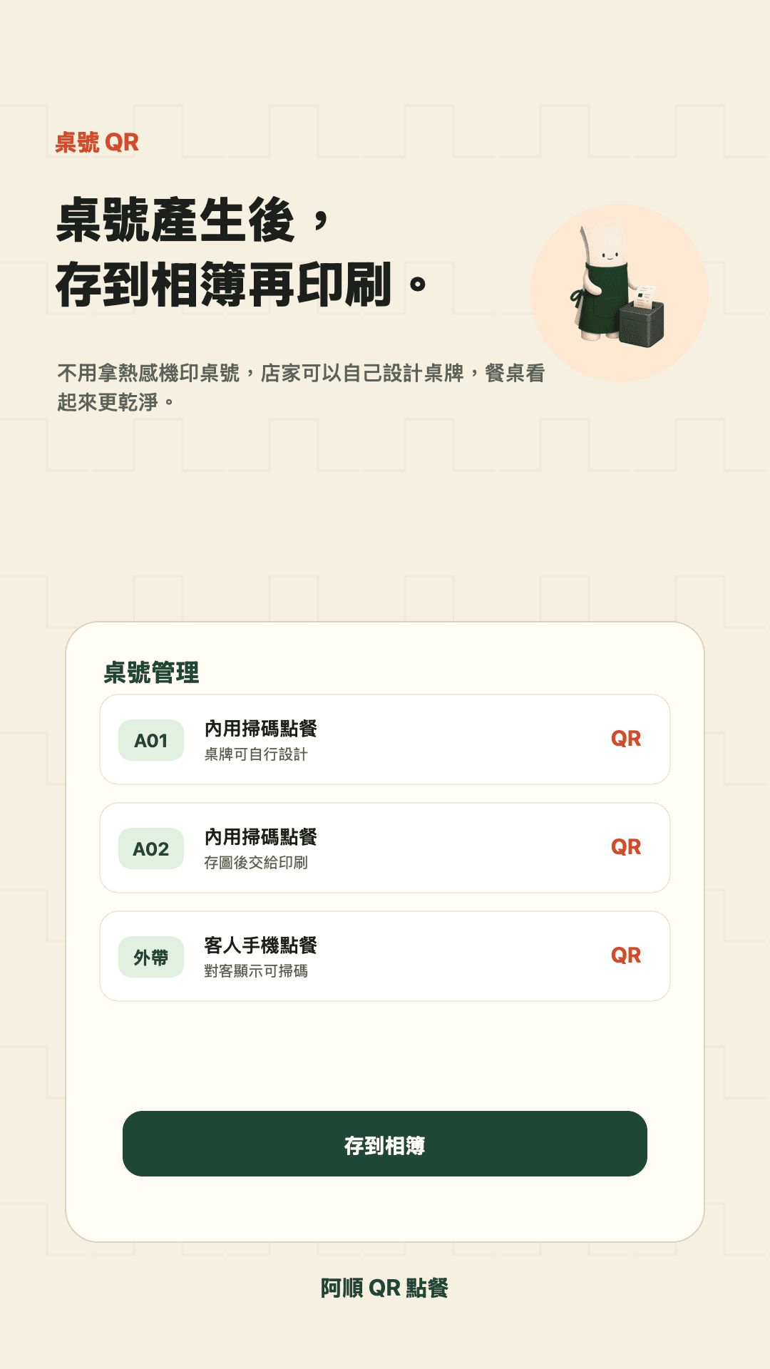 阿順QR點餐 App 畫面：桌號 QR